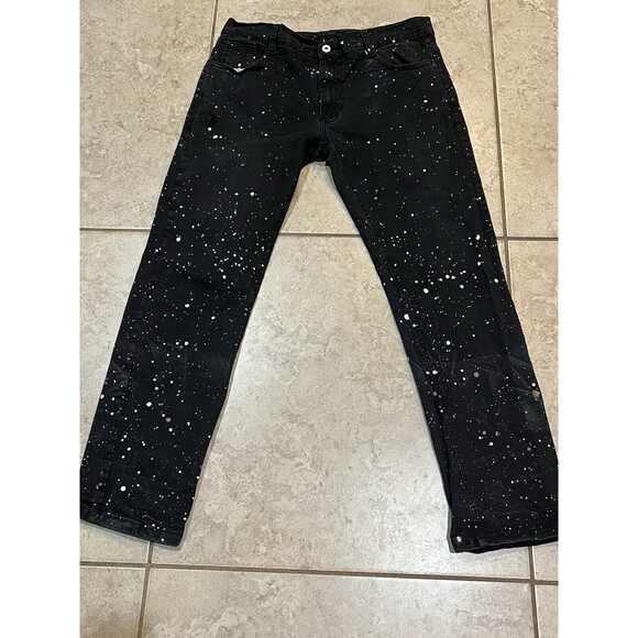 Vintage Qruel Jeans Mens 38x28 Black Paint Splattered Design Straight Leg - Picture 2 of 6
